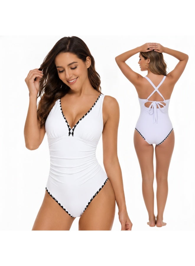SHOWDAY Women's One-Piece Swimsuit – V-Neck Tummy Control Swimwear with Crisscross Back Tie, White - Image 1