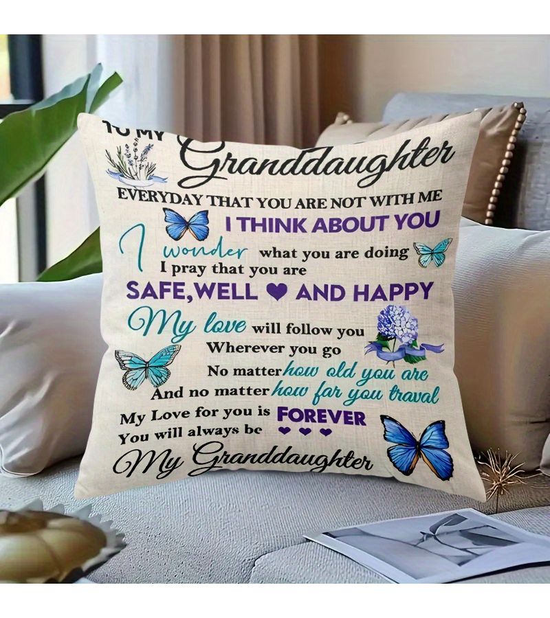 1pc Sentimental Granddaughter Throw Pillow Cover 16x16in Always My Dear Message With Butterflies And Flowers Durable Polyester Zippered Machine Washable Two Sided Print Bed Sofa Chair Decor Gift For Granddaughter Insert Not Included - Image 3