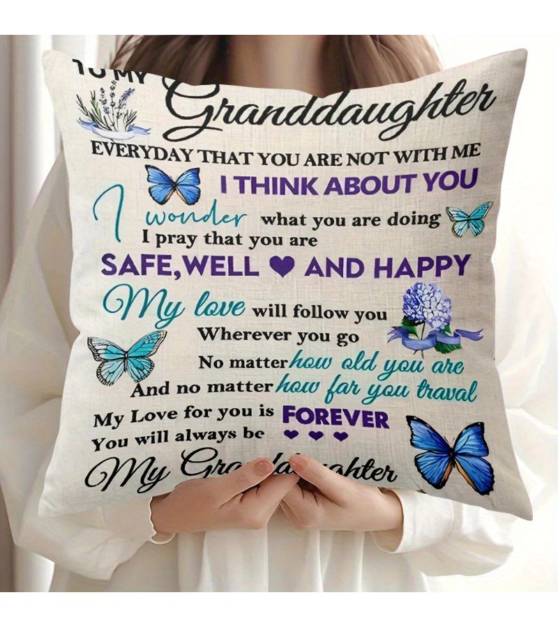 1pc Sentimental Granddaughter Throw Pillow Cover 16x16in Always My Dear Message With Butterflies And Flowers Durable Polyester Zippered Machine Washable Two Sided Print Bed Sofa Chair Decor Gift For Granddaughter Insert Not Included - Image 1