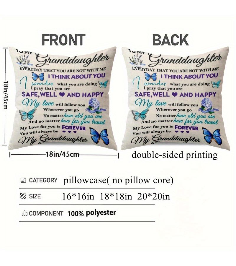 1pc Sentimental Granddaughter Throw Pillow Cover 16x16in Always My Dear Message With Butterflies And Flowers Durable Polyester Zippered Machine Washable Two Sided Print Bed Sofa Chair Decor Gift For Granddaughter Insert Not Included - Image 4