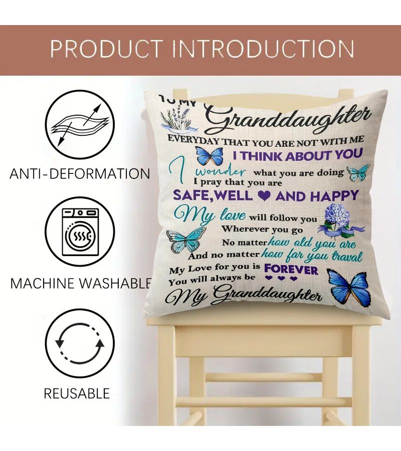 1pc Sentimental Granddaughter Throw Pillow Cover 16x16in Always My Dear Message With Butterflies And Flowers Durable Polyester Zippered Machine Washable Two Sided Print Bed Sofa Chair Decor Gift For Granddaughter Insert Not Included - Image 5