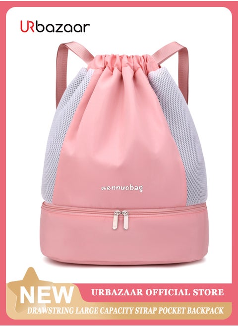 Sports Drawstring Backpack - String Swim Gym Bag with Shoes Compartment and Wet Proof Pocket for Women&Men