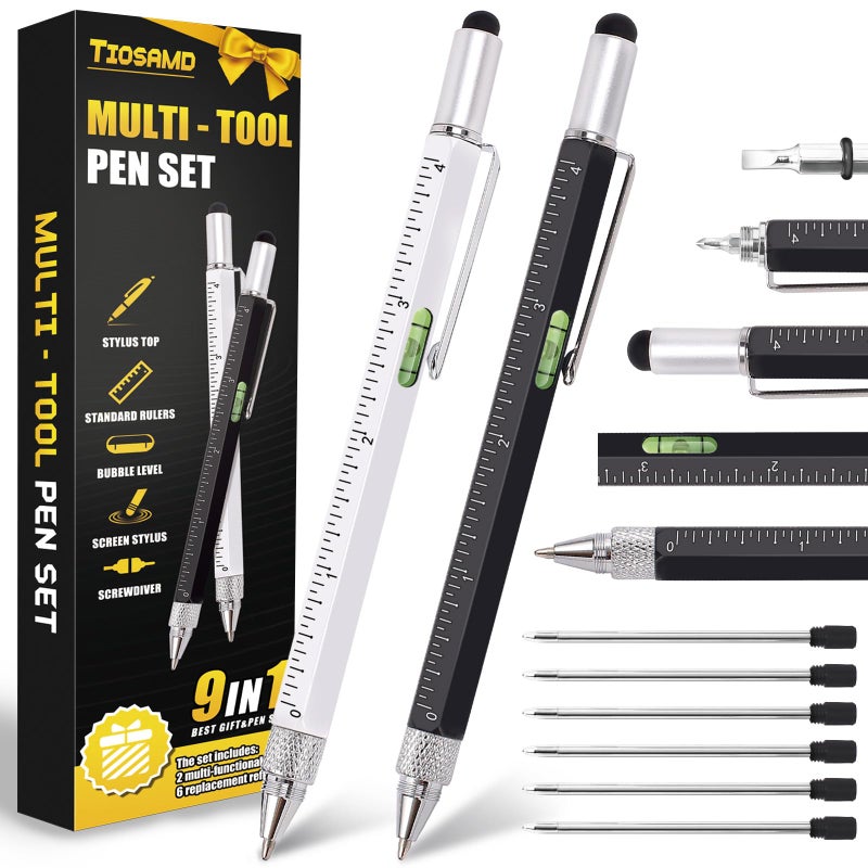 Tiosamd Stocking Stuffers for Men, 9 in 1 Multitool Pen 2Pcs and Refill 6Pcs, Unique Tech Tool Pen from Wife Daughter to Father Boyfriend Husband on Christmas, Birthday, Valentine's Day - Image 1