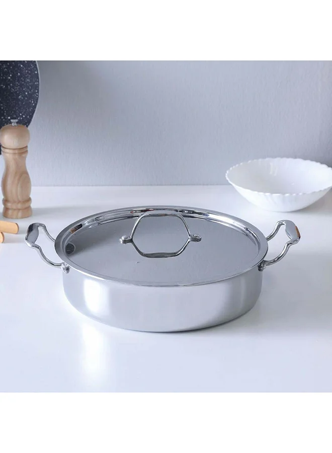 DANUBE HOME Celina Stainless Steel Shallow Pot With Ss Lid 2.5Mm Stainless Steelmultipurpose Soup Pot Stewpot Simmering Boiling For Kitchen W28Xh28Cm - Silver
