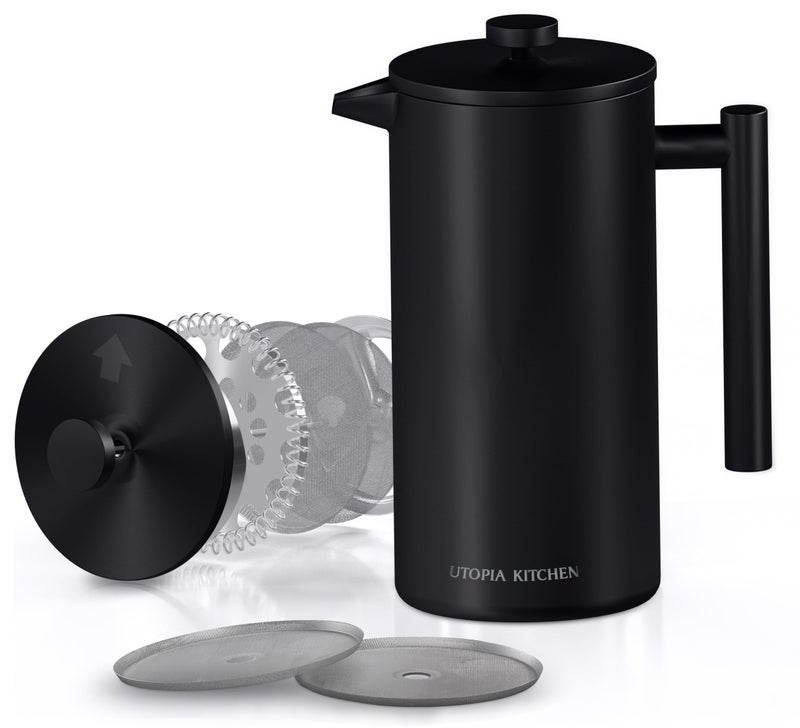 Utopia Kitchen 304 Grade Stainless Steel French Press Coffee Maker 12 Oz, Double Wall Insulated Coffee Press with 4-Level Filtration system, Include 2 Extra Filters, Rust-Free, Dishwasher Safe, Black - Image 1