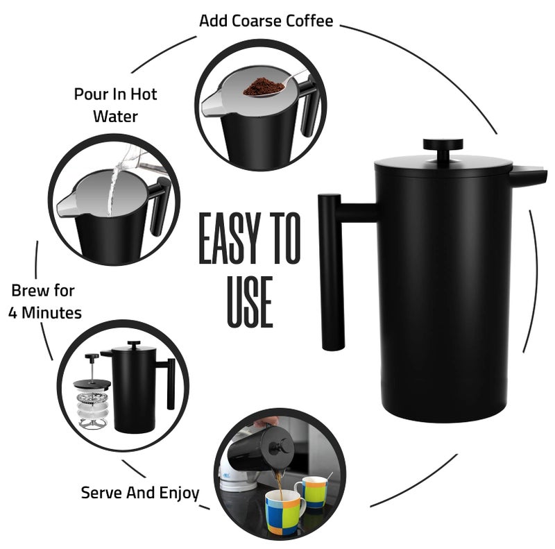 Utopia Kitchen 304 Grade Stainless Steel French Press Coffee Maker 12 Oz, Double Wall Insulated Coffee Press with 4-Level Filtration system, Include 2 Extra Filters, Rust-Free, Dishwasher Safe, Black - Image 2