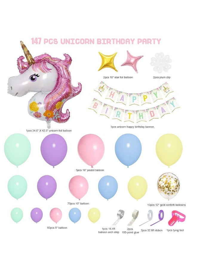 Ouddy Unicorn Balloons Arch Garland Kit, 146Pcs Rainbow 40" Unicorn Balloon Pastel Pink Purple Blue Confetti Balloons Happy Birthday Banner for Ice Cream Baby Shower Unicorn Birthday Party Decorations - Image 3