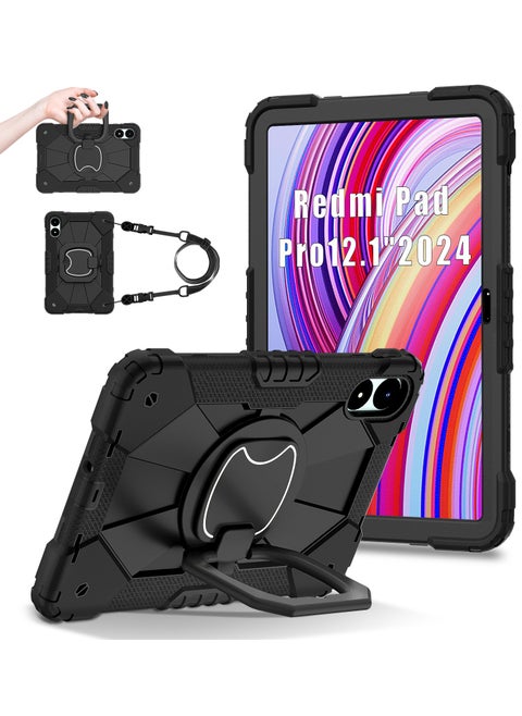 Tablet Case for Xiaomi Redmi Pad Pro/ Xiaomi Poco Pad 12.1 inch 360 Degree Rotating Multi-Function Grip Bracket Full Protective Shockproof Cover with Shoulder Strap Black