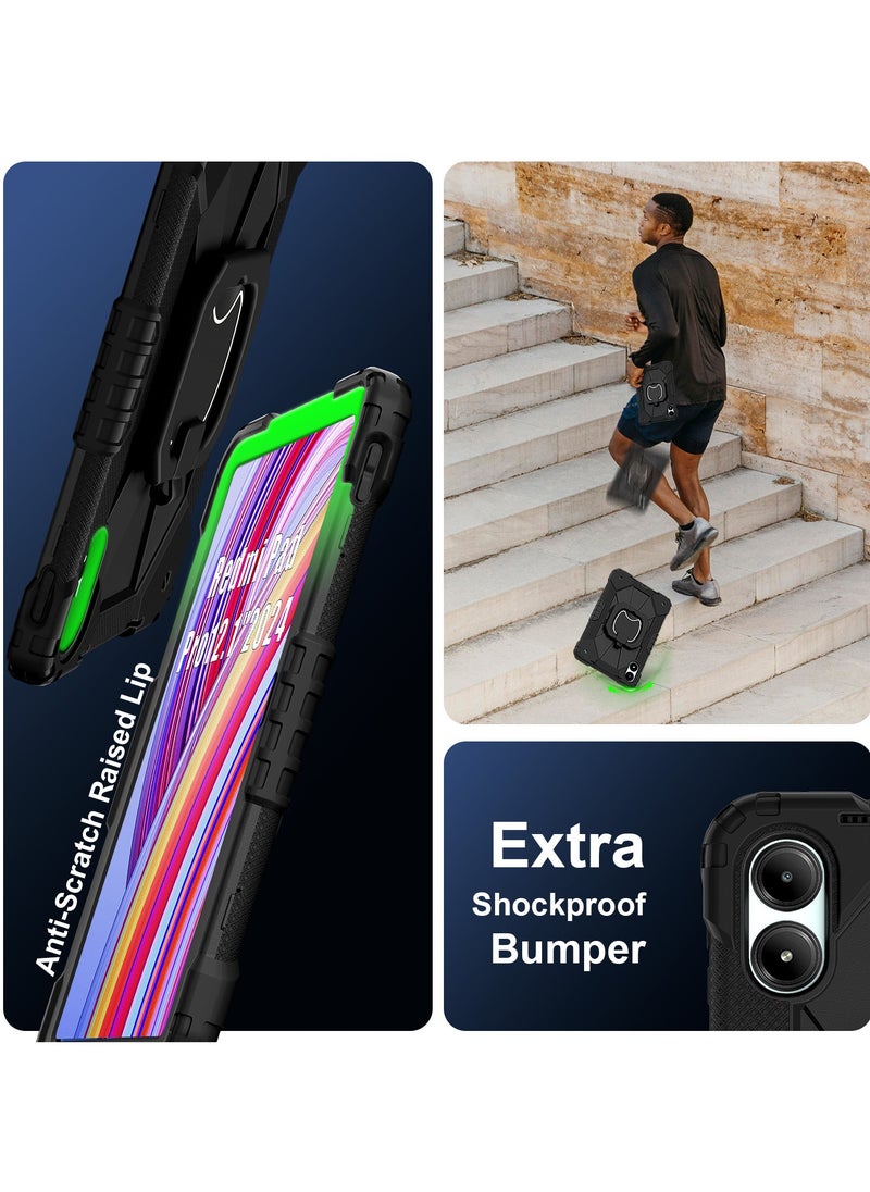 Tablet Case for Xiaomi Redmi Pad Pro/ Xiaomi Poco Pad 12.1 inch 360 Degree Rotating Multi-Function Grip Bracket Full Protective Shockproof Cover with Shoulder Strap Black