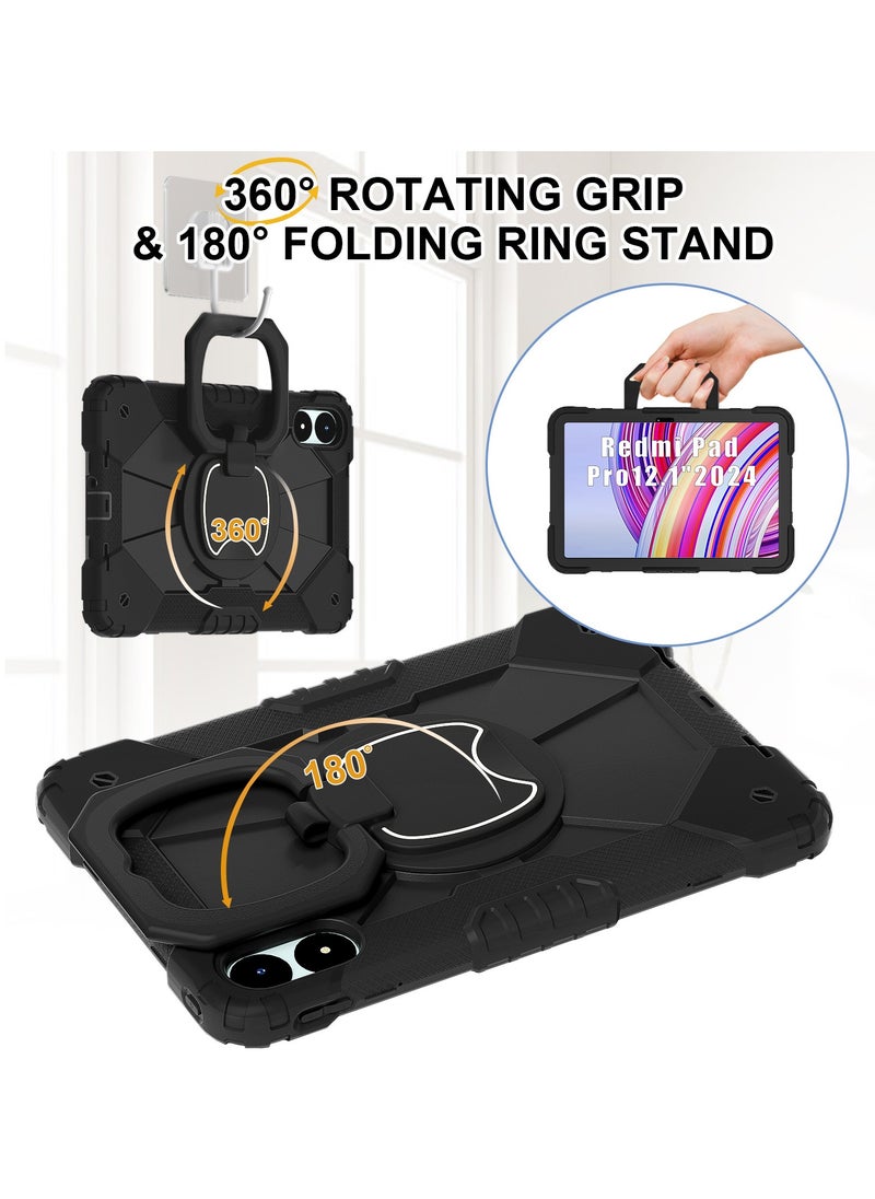 Tablet Case for Xiaomi Redmi Pad Pro/ Xiaomi Poco Pad 12.1 inch 360 Degree Rotating Multi-Function Grip Bracket Full Protective Shockproof Cover with Shoulder Strap Black