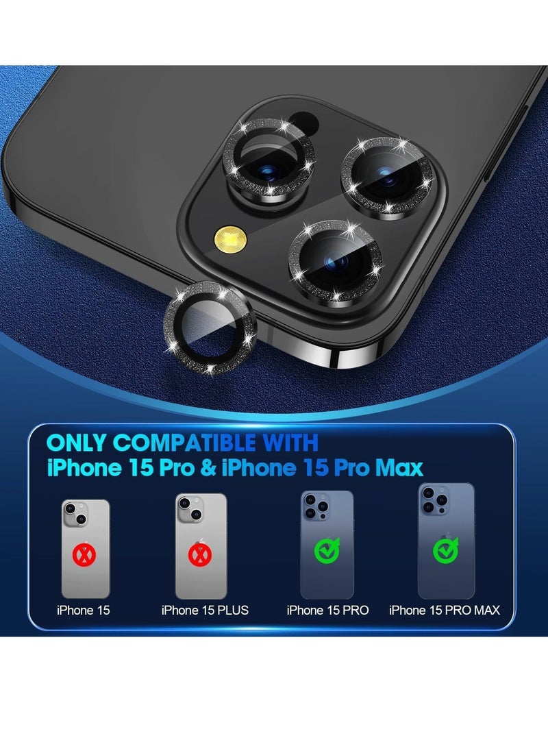 JAJEEK iPhone 15 Pro - iPhone 15 Pro Max Camera Lens Protector, 9H Tempered Glass Camera Cover Screen Protector Metal Individual Ring for iPhone 15 Pro 6.1 inch iPhone 15 Pro Max 6.7 inch[Glitter](Black Tita - Image 2