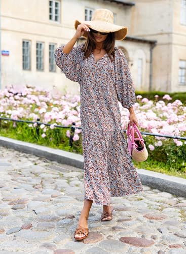 miduo Womens Maxi Dress Short Sleeve V Neck Spring Casual Floral Beach Bohemian Boho Ankle Length Long Maxi Dresses M - Image 2