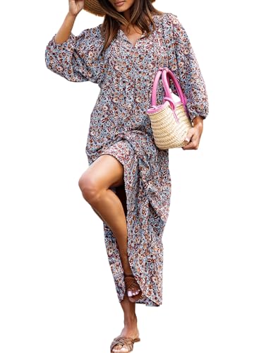miduo Womens Maxi Dress Short Sleeve V Neck Spring Casual Floral Beach Bohemian Boho Ankle Length Long Maxi Dresses M - Image 1