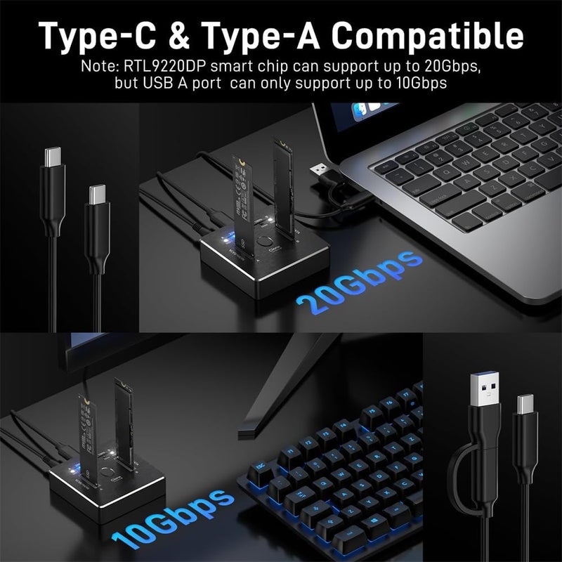 M.2 NVMe SATA SSD Docking Station, USB 3.2 Gen 2, 20Gbps Dual NVMe SATA SSD Dock, Support Offline Clone, UASP and TRIM, Aluminum Design - Image 3