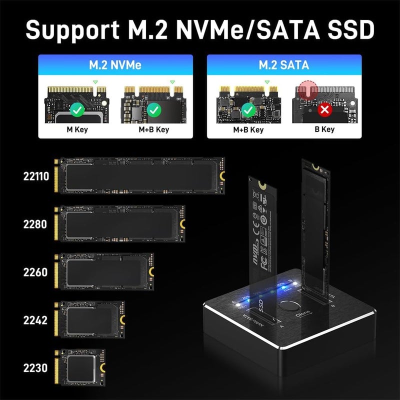 M.2 NVMe SATA SSD Docking Station, USB 3.2 Gen 2, 20Gbps Dual NVMe SATA SSD Dock, Support Offline Clone, UASP and TRIM, Aluminum Design - Image 5