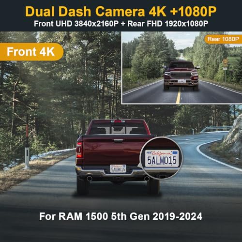 Fitcamx كاميرا داش أمامية 4K + خلفية 1080P تناسب دودج رام 1500 (الموديل ب) 2019-2024 ريبيل بيغ هورن لارامي، مظهر المصنع الأصلي، فيديو عالي الدقة مزدوج، اتصال واي فاي وتطبيق، تسجيل حلقي، حساس G، سهل الإعداد، بطاقة 128GB - Image 3