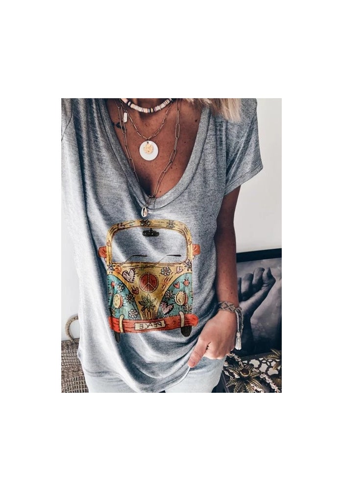 wish 2020 women's casual V-neck short sleeve loose maxi car print T-shirt - Image 1