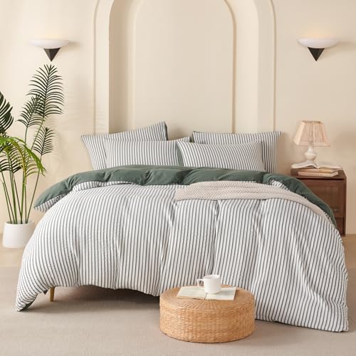 BUPIRD Queen Duvet Cover Set Striped Green, 100% Washed Microfiber Jacquard 3 Pieces Green Queen Striped Bedding Sets, with Zipper Closure & Corner Ties, Lightweight Soft Comfort Breathable - Image 2