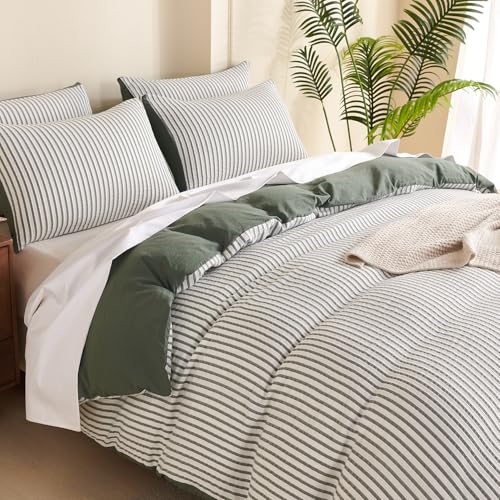 BUPIRD Queen Duvet Cover Set Striped Green, 100% Washed Microfiber Jacquard 3 Pieces Green Queen Striped Bedding Sets, with Zipper Closure & Corner Ties, Lightweight Soft Comfort Breathable - Image 4