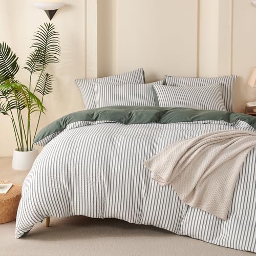 BUPIRD Queen Duvet Cover Set Striped Green, 100% Washed Microfiber Jacquard 3 Pieces Green Queen Striped Bedding Sets, with Zipper Closure & Corner Ties, Lightweight Soft Comfort Breathable - Image 1