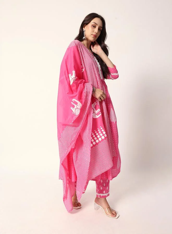 ISHIN Women's Pink Cotton Textured Tunic Full Palazzo Regular Fit Kurta Set
