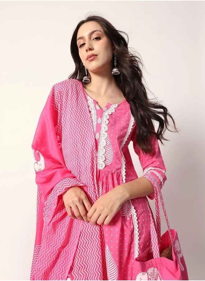 آي شين Women's Pink Cotton Textured Tunic Full Palazzo Regular Fit Kurta Set