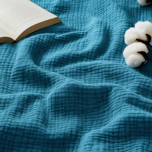 Bedsure 100 Cotton Muslin Throw Blanket Twin XL for Bed 4Layer Breathable and Lightweight Soft Gauze Muslin Blankets for Adults PureWoven Thin Summer Blanket for College Dorm Teal 66x90 Inches - Image 1