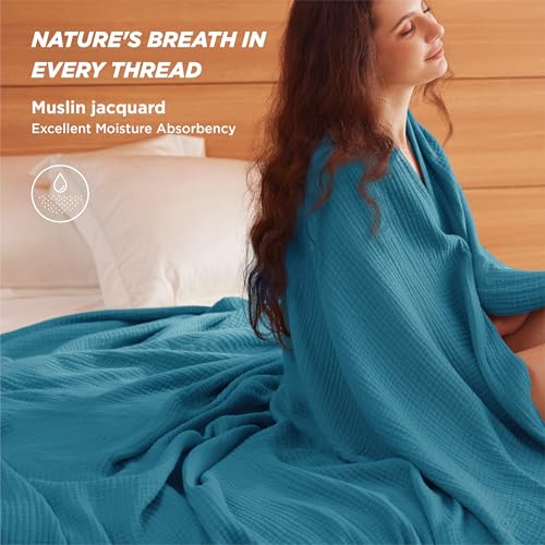 Bedsure 100 Cotton Muslin Throw Blanket Twin XL for Bed 4Layer Breathable and Lightweight Soft Gauze Muslin Blankets for Adults PureWoven Thin Summer Blanket for College Dorm Teal 66x90 Inches - Image 3