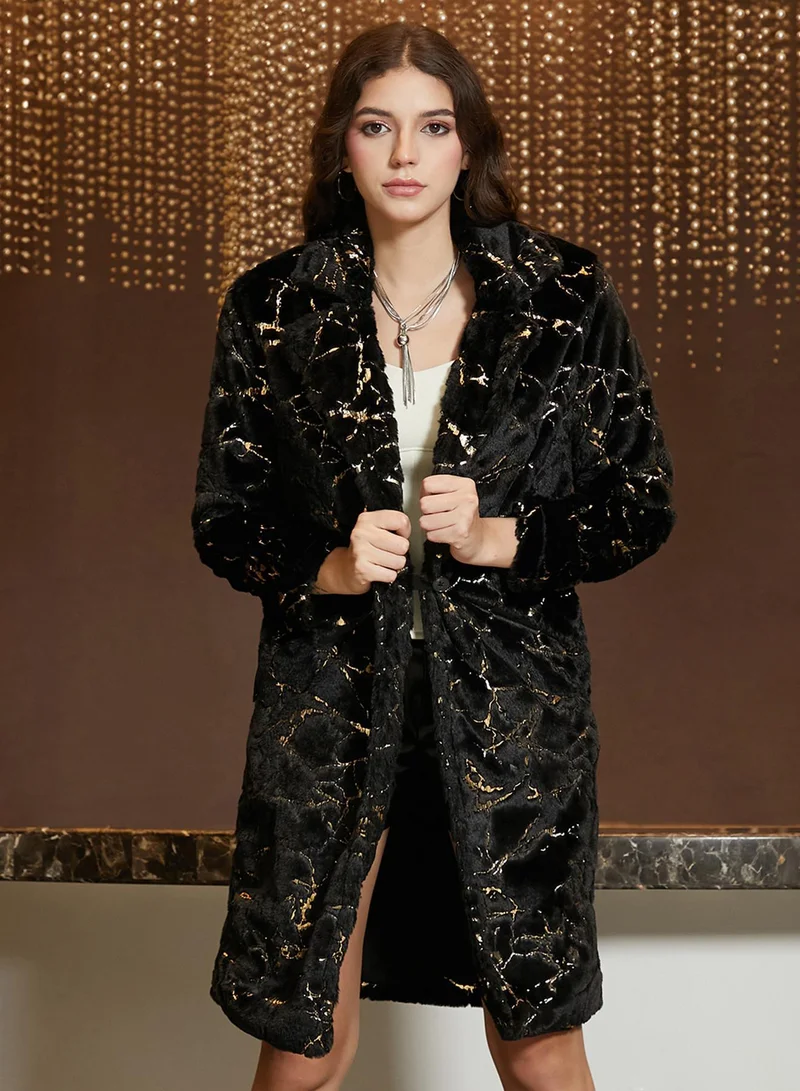 Campus Sutra Women's Onyx Black Metallic-Veined Fur Long Coat