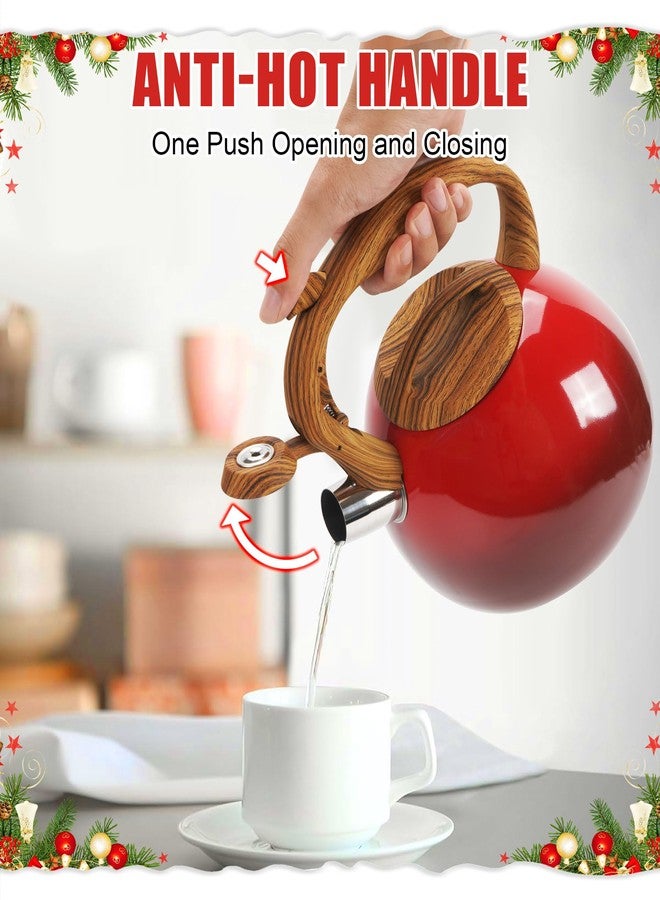 Foedo Stovetop Whistling Tea Kettle 3.2 Quart - Red Gradient Stainless Steel with Wood Grain Handle, Loud Whistle Kettle for Boiling Water, Coffee & Milk, Easy-Pour Spout Classic Design (Red) - Image 5
