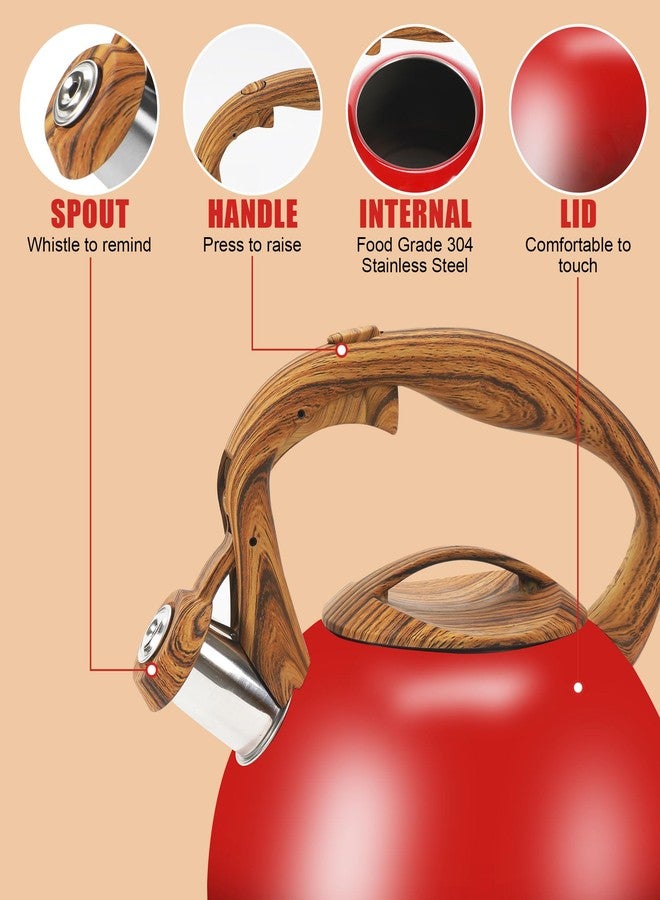 Foedo Stovetop Whistling Tea Kettle 3.2 Quart - Red Gradient Stainless Steel with Wood Grain Handle, Loud Whistle Kettle for Boiling Water, Coffee & Milk, Easy-Pour Spout Classic Design (Red) - Image 2