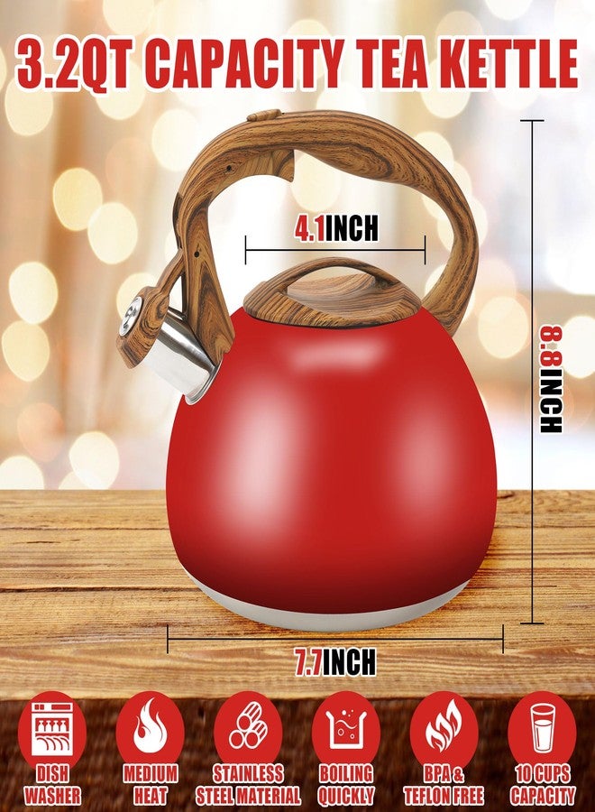 Foedo Stovetop Whistling Tea Kettle 3.2 Quart - Red Gradient Stainless Steel with Wood Grain Handle, Loud Whistle Kettle for Boiling Water, Coffee & Milk, Easy-Pour Spout Classic Design (Red) - Image 3