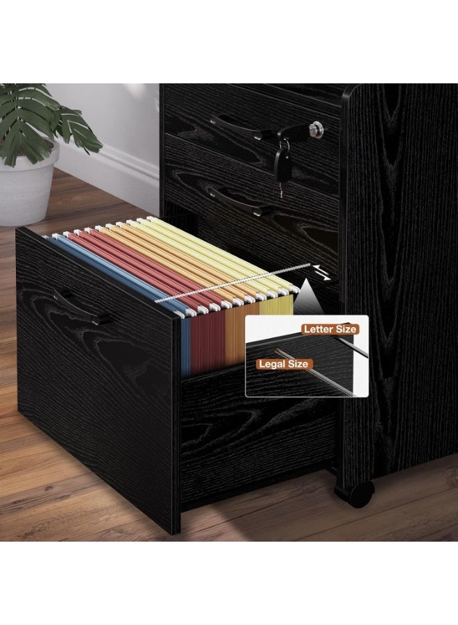 Filing cabinet with lock and 3 drawers, mobile vertical office filing cabinet for liter or legal-sized files, under-desk with wheels, black, 18 x 19 x 26 inches, 19.44 kg - Image 5