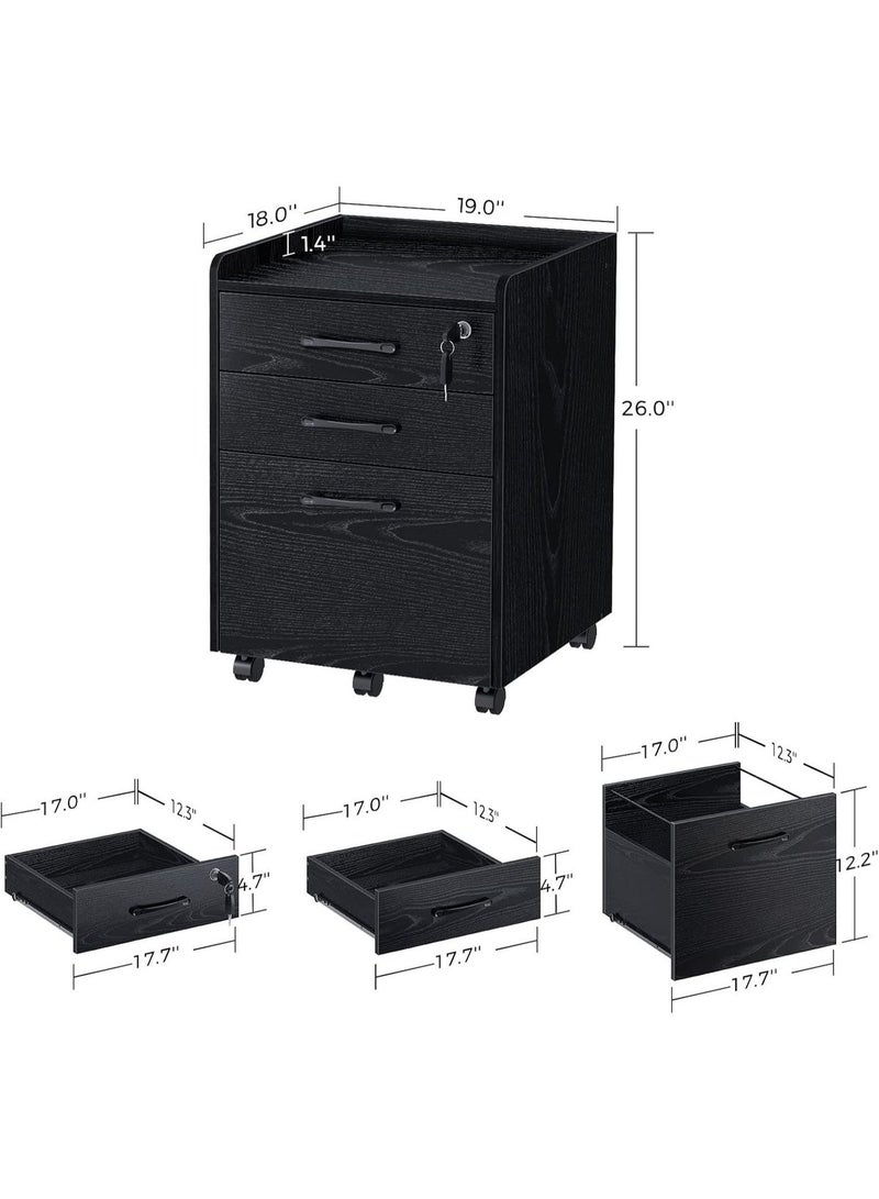 Filing cabinet with lock and 3 drawers, mobile vertical office filing cabinet for liter or legal-sized files, under-desk with wheels, black, 18 x 19 x 26 inches, 19.44 kg - Image 3