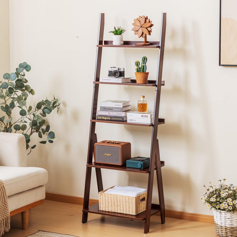 Maydear Bamboo Ladder Shelf Bookcase, 5-Tier Leaning Bookshelf Free Standing Organizer Storage Shelves for Living Room, Bedroom, Kitchen, Home Office, Balcony, Walnut - Image 2