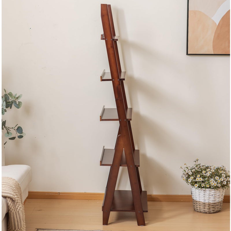 Maydear Bamboo Ladder Shelf Bookcase, 5-Tier Leaning Bookshelf Free Standing Organizer Storage Shelves for Living Room, Bedroom, Kitchen, Home Office, Balcony, Walnut - Image 3