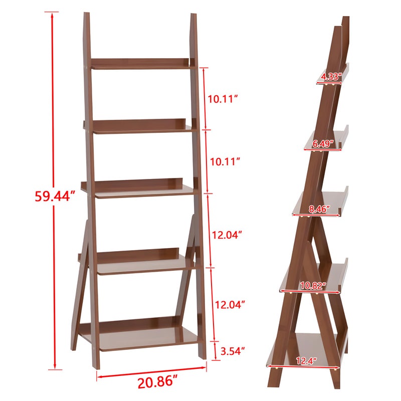 Maydear Bamboo Ladder Shelf Bookcase, 5-Tier Leaning Bookshelf Free Standing Organizer Storage Shelves for Living Room, Bedroom, Kitchen, Home Office, Balcony, Walnut - Image 4