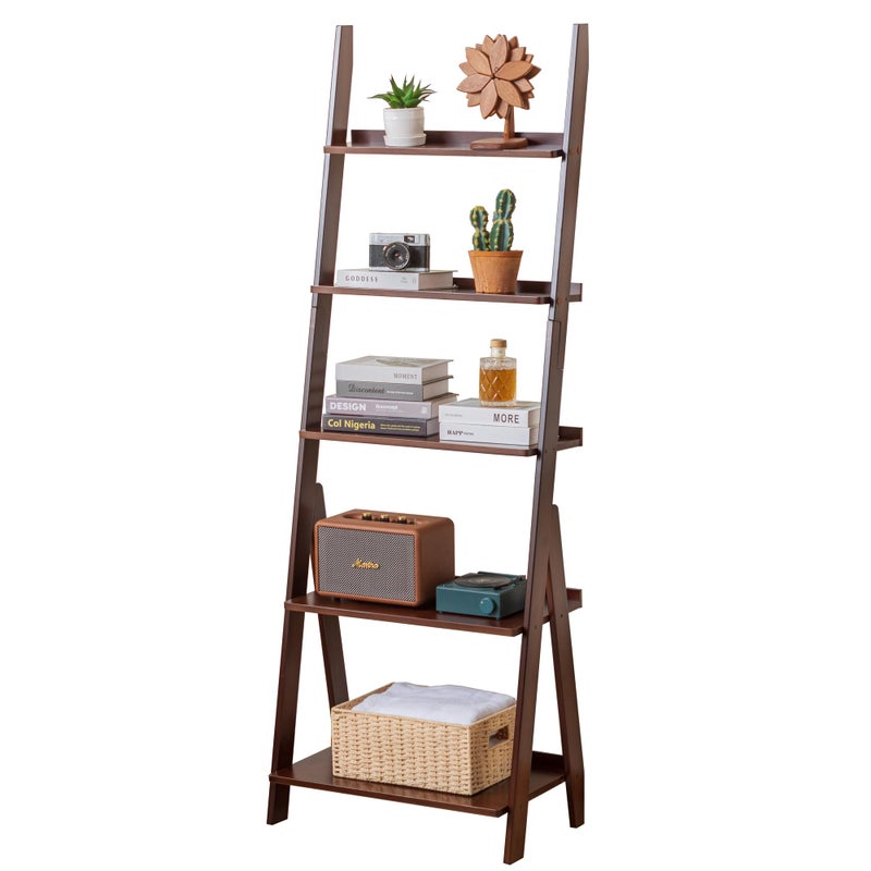 Maydear Bamboo Ladder Shelf Bookcase, 5-Tier Leaning Bookshelf Free Standing Organizer Storage Shelves for Living Room, Bedroom, Kitchen, Home Office, Balcony, Walnut - Image 1