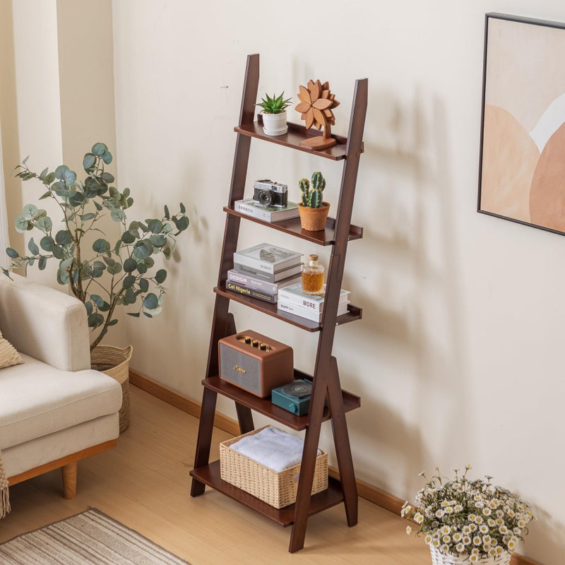 Maydear Bamboo Ladder Shelf Bookcase, 5-Tier Leaning Bookshelf Free Standing Organizer Storage Shelves for Living Room, Bedroom, Kitchen, Home Office, Balcony, Walnut - Image 5