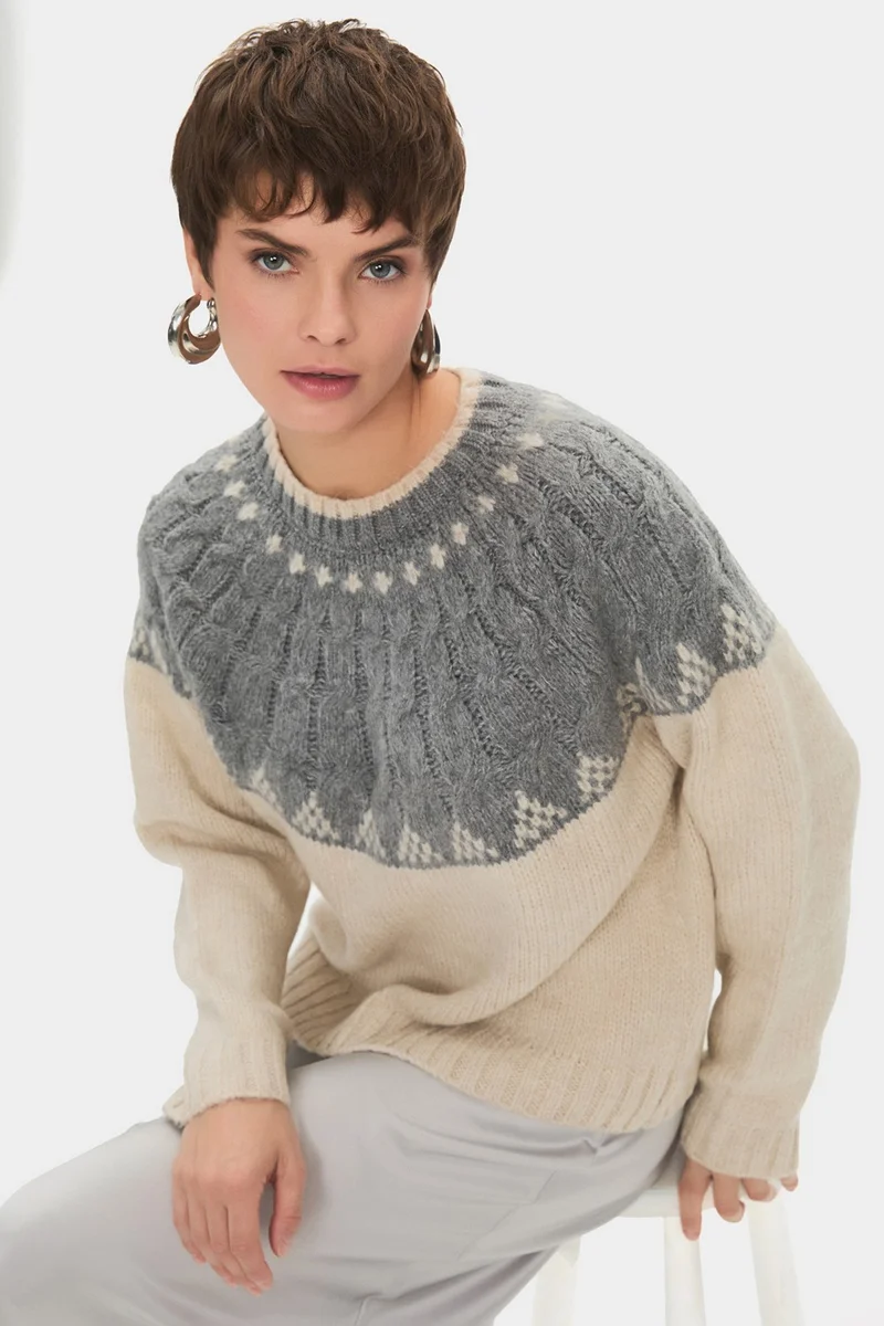 جون Women's Crew Neck Geometric Patterned Knitwear Sweater