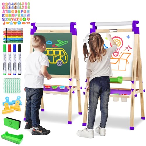 JOYOOSS Art Easel for Kids Easels for ToddlersWooden Kid Easel with Paper Roll Chalkboard for Kids Adjustable Double Sided Dry Erase BoardToddler Art Easel for Kid Ages 48 - Image 1