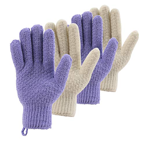 CLEEDY Bath Exfoliating Gloves Scrub - 4 pcs(2 pairs) Lengthened and Large Exfoliating Scrubbing Gloves for Shower, Spa, Massage - Scrub Exfoliating Mitts for Body, Face, Hand （Purple and Beige） - Image 1