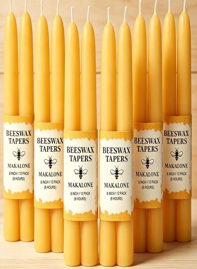 MAKALONE 12 Pack Beeswax Taper Candles,8in Dripless Pure Beeswax Candles Non Toxic,8 Hours Long Burning 100% Natural Candle Sticks,Smokeless and Unscented Bees Wax Candle for Home,Prayer,Tall Tapered - Image 1