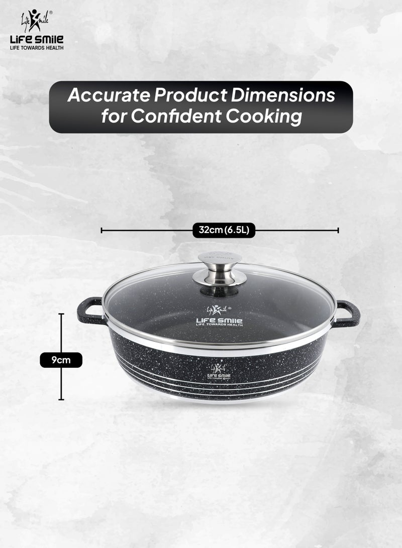 Life Smile وعاء ضحل غير لاصق LIFE SMILE بحجم 32 سم (6.5 لتر) مع غطاء – أدوات طهي بطبقة جرانيت، خالية من PFOA | وعاء طهي آمن للاستخدام في الفرن بمقبضين مزدوجين - Image 3