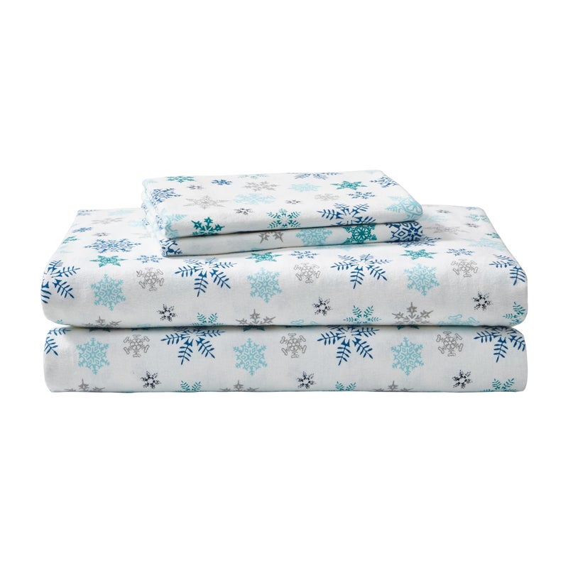 Eddie Bauer - Flannel Sheets Twin Size, Anti-Pilling & Wrinkle Resistant Cotton, Touchably Soft for All-Season Comfort - Bed Sheets with Matching Pillowcase & Fitted Sheet (Tossed Snowflake Blue) - Image 1