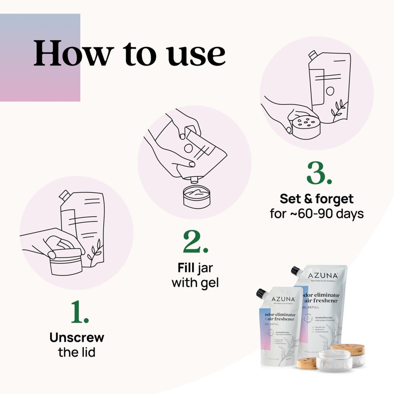 Azuna Air Freshener & Odor Eliminator for Strong Odor | 2 Room Kit Includes (2) 8 oz. Empty Luxe Glass Jars & 12 oz | Refill with Tea Tree Essential Oil Gel | Aromatherapy | Last 60-90 Days - Image 3