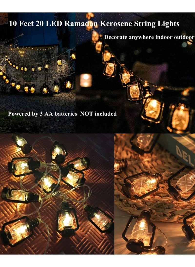 سلسلة أضواء زينة رمضان، 10 أقدام، 20 مصباح ليد، فانوس أسود، سلسلة أضواء عيد الأضحى، مصابيح تعمل بالبطارية، مصابيح الكيروسين - Image 3