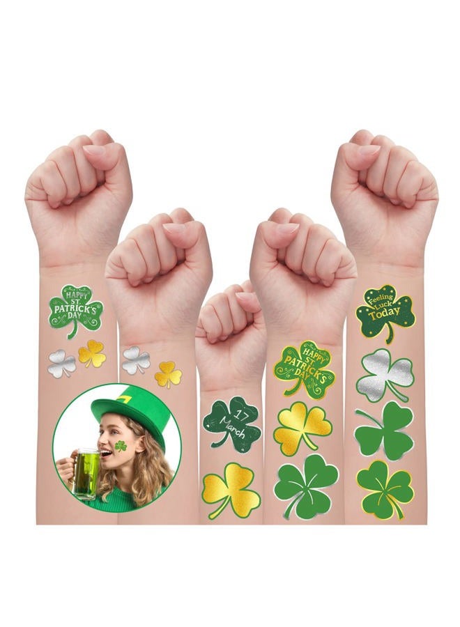 Partywind 64 PCS St Patrick's Day Temporary Tattoos, Metallic Glitter Shamrock Face Stickers for Saint Patrick's Day Decorations Party Favors, Irish Shamrock Decor for Women, Men, Kids (2 Sheets) - Image 1