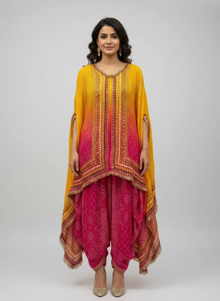 Lehar Yellow and Pink Kaftan Set