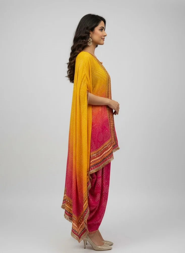 Lehar Yellow and Pink Kaftan Set